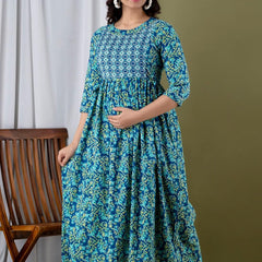Water Blue - Maternity Feeding Kurti with Zipper | Cotton Floral Printed Pregnancy & Nursing Dress | Comfortable & Stylish Maternity Wear for Women | Breastfeeding Kurta with Zipper | Soft & Elegant