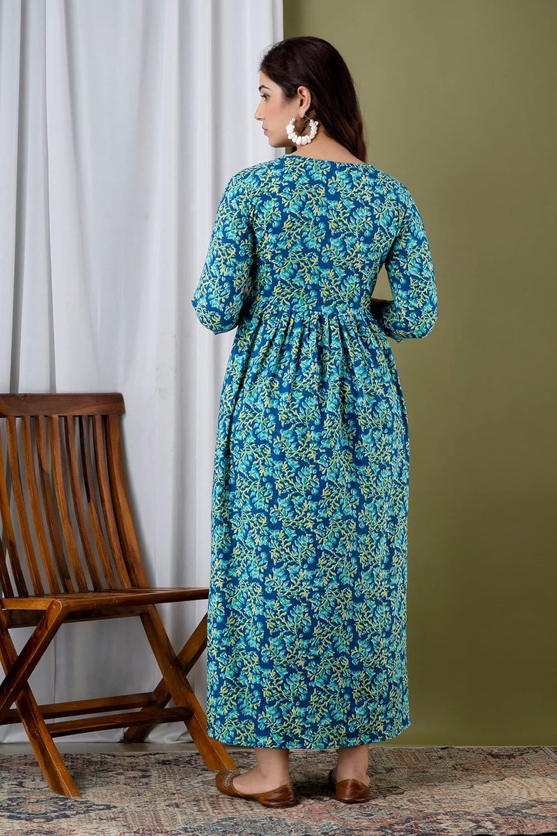 Water Blue - Maternity Feeding Kurti with Zipper | Cotton Floral Printed Pregnancy & Nursing Dress | Comfortable & Stylish Maternity Wear for Women | Breastfeeding Kurta with Zipper | Soft & Elegant