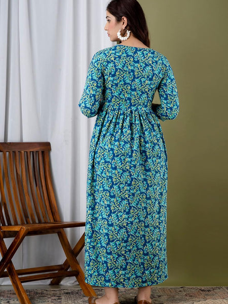 Water Blue - Maternity Feeding Kurti with Zipper | Cotton Floral Printed Pregnancy & Nursing Dress | Comfortable & Stylish Maternity Wear for Women | Breastfeeding Kurta with Zipper | Soft & Elegant