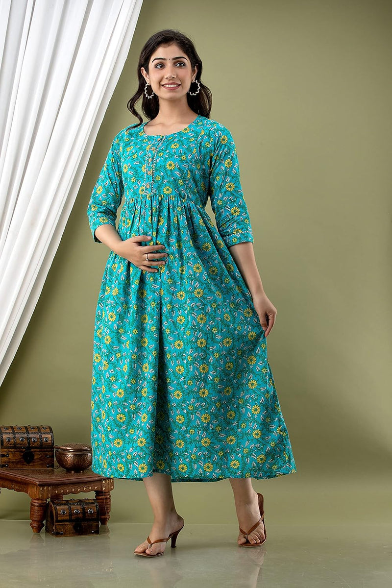Green - Maternity Feeding Kurti with Zipper | Cotton Floral Printed Pregnancy & Nursing Dress | Comfortable & Stylish Maternity Wear for Women | Breastfeeding Kurta with Zipper | Soft & Elegant