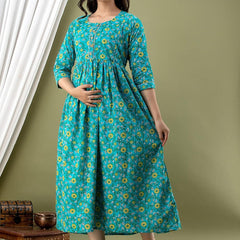 Green - Maternity Feeding Kurti with Zipper | Cotton Floral Printed Pregnancy & Nursing Dress | Comfortable & Stylish Maternity Wear for Women | Breastfeeding Kurta with Zipper | Soft & Elegant