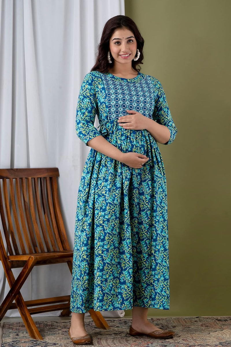 Water Blue - JAIPURFAME Maternity Feeding Kurti with Zipper | Cotton Floral Printed Pregnancy & Nursing Dress | Comfortable & Stylish Maternity Wear for Women | Breastfeeding Kurta with Zipper | Soft & Elegant
