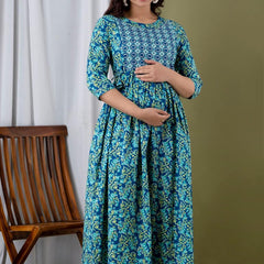 Water Blue - JAIPURFAME Maternity Feeding Kurti with Zipper | Cotton Floral Printed Pregnancy & Nursing Dress | Comfortable & Stylish Maternity Wear for Women | Breastfeeding Kurta with Zipper | Soft & Elegant