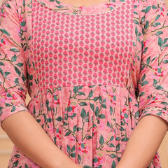 PINK - JAIPURFAME Pink Floral Cotton Maternity & Nursing Midi Dress with Front Zipper