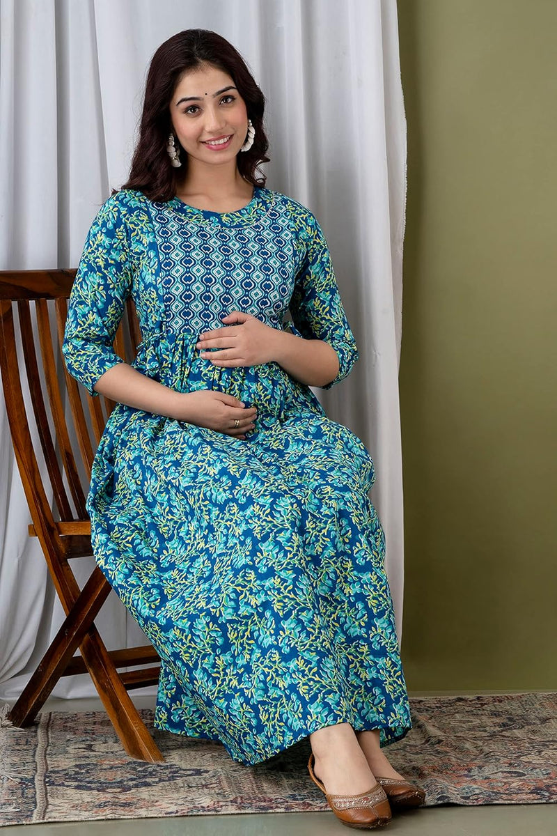 Water Blue - JAIPURFAME Maternity Feeding Kurti with Zipper | Cotton Floral Printed Pregnancy & Nursing Dress | Comfortable & Stylish Maternity Wear for Women | Breastfeeding Kurta with Zipper | Soft & Elegant