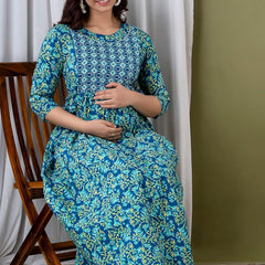 Water Blue - JAIPURFAME Maternity Feeding Kurti with Zipper | Cotton Floral Printed Pregnancy & Nursing Dress | Comfortable & Stylish Maternity Wear for Women | Breastfeeding Kurta with Zipper | Soft & Elegant