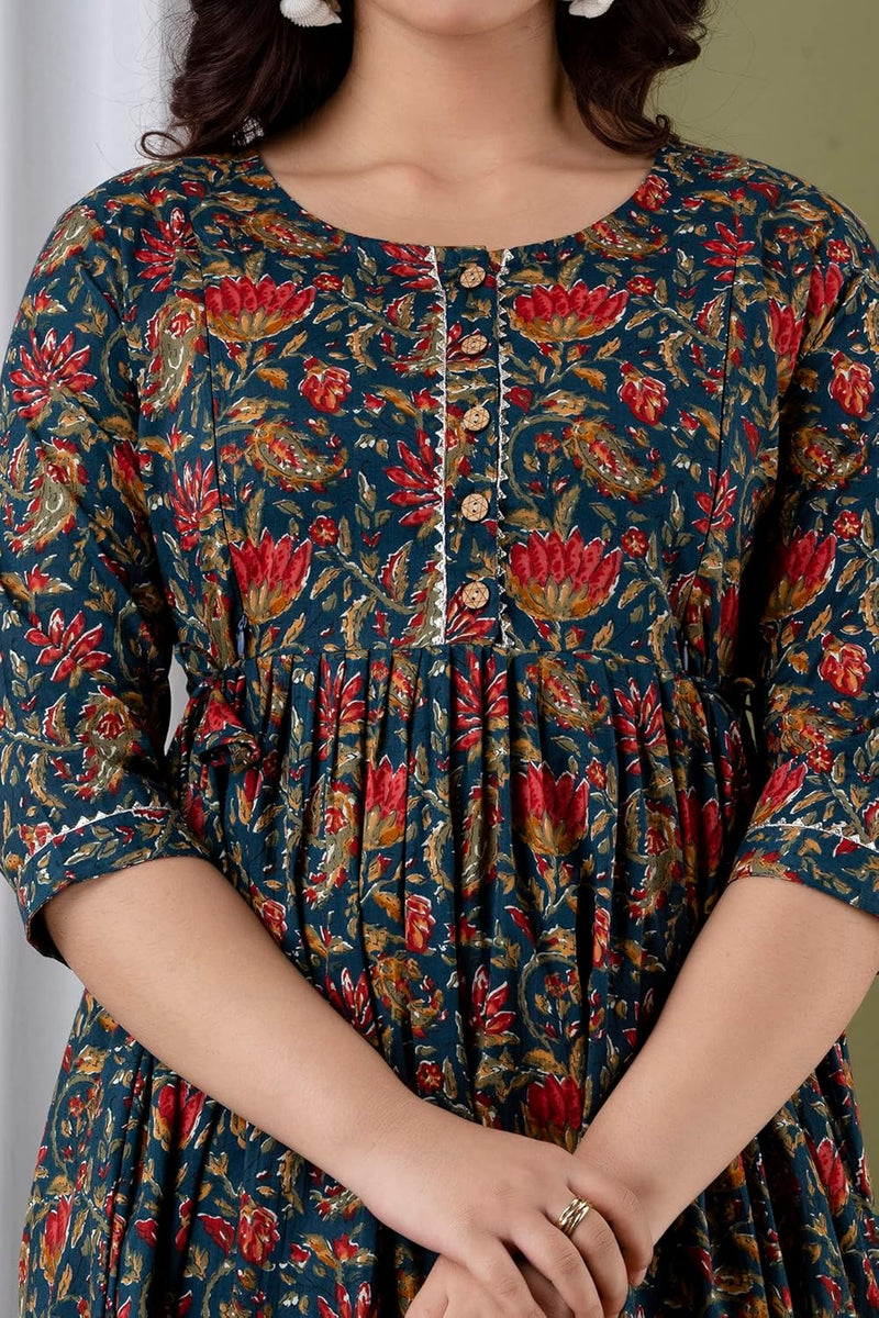 Nevy Blue - Maternity Feeding Kurti with Zipper | Cotton Floral Printed Pregnancy & Nursing Dress | Comfortable & Stylish Maternity Wear for Women | Breastfeeding Kurta with Zipper | Soft & Elegant