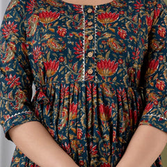 Nevy Blue - JAIPURFAME Maternity Feeding Kurti with Zipper | Floral Handblock Printed Cotton Maternity & Nursing Maxi Dress