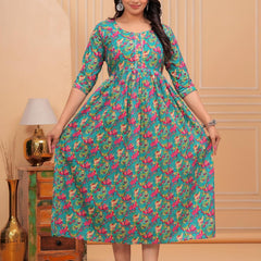 BLUE - JAIPURFAME Women's Stylish Pure Cotton Printed Kurti Gown – Comfortable and Elegant Maternity & Feeding Dress for Women