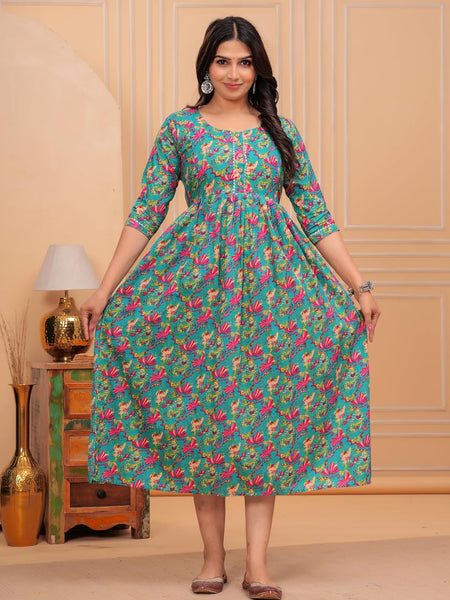 BLUE - JAIPURFAME Women's Stylish Pure Cotton Printed Kurti Gown – Comfortable and Elegant Maternity & Feeding Dress for Women