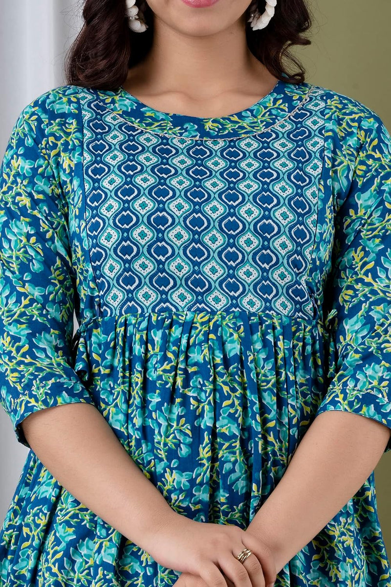 Water Blue - Maternity Feeding Kurti with Zipper | Cotton Floral Printed Pregnancy & Nursing Dress | Comfortable & Stylish Maternity Wear for Women | Breastfeeding Kurta with Zipper | Soft & Elegant