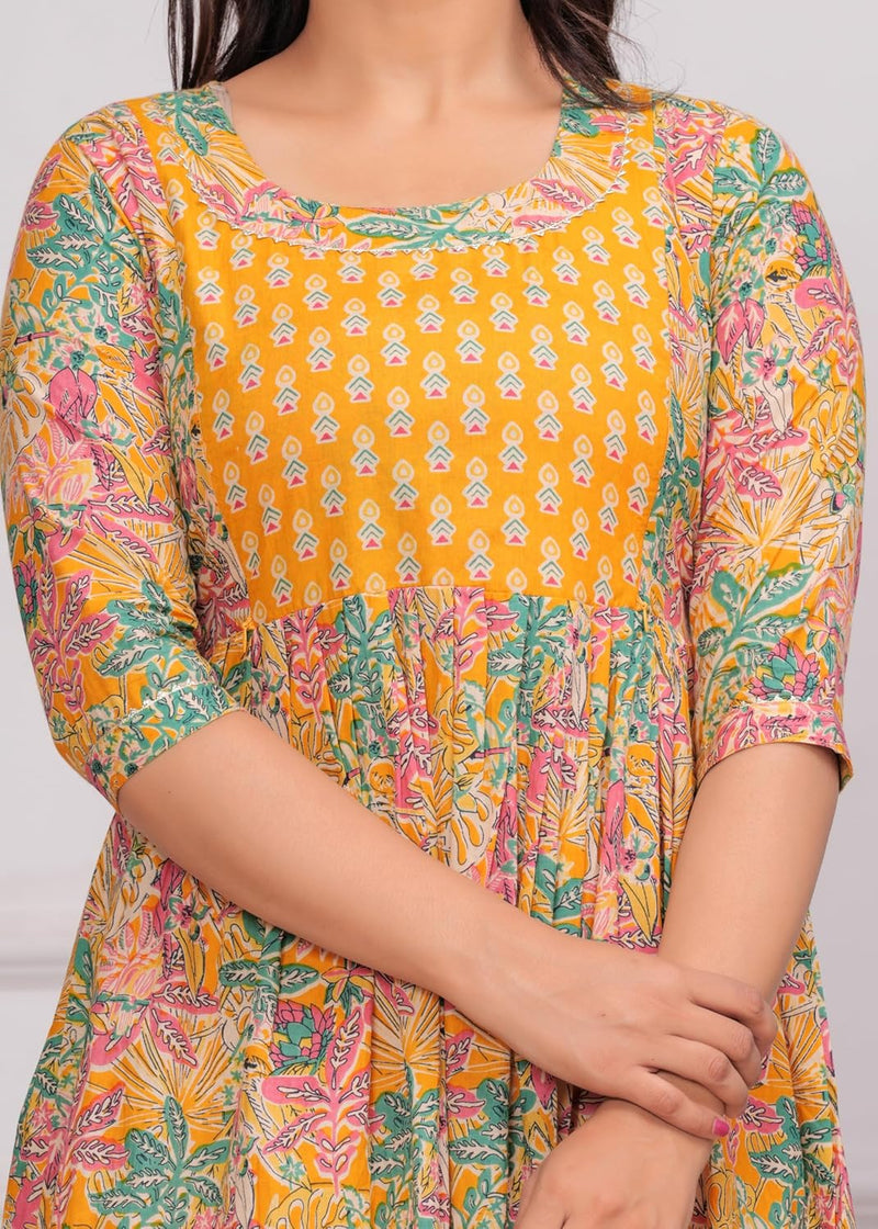 YELLOW - Women's Stylish Pure Cotton Printed Kurti Gown – Comfortable and Elegant Maternity & Feeding Dress for Women