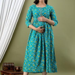 Green - Maternity Feeding Kurti with Zipper | Cotton Floral Printed Pregnancy & Nursing Dress | Comfortable & Stylish Maternity Wear for Women | Breastfeeding Kurta with Zipper | Soft & Elegant