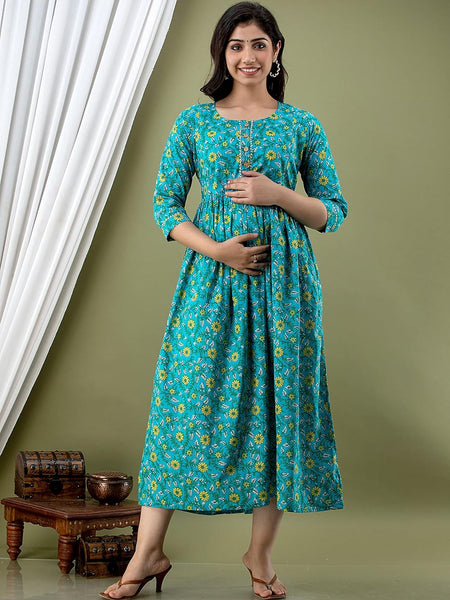 Green - Maternity Feeding Kurti with Zipper | Cotton Floral Printed Pregnancy & Nursing Dress | Comfortable & Stylish Maternity Wear for Women | Breastfeeding Kurta with Zipper | Soft & Elegant