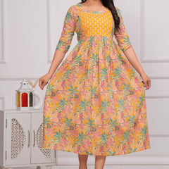 YELLOW - Women's Stylish Pure Cotton Printed Kurti Gown – Comfortable and Elegant Maternity & Feeding Dress for Women