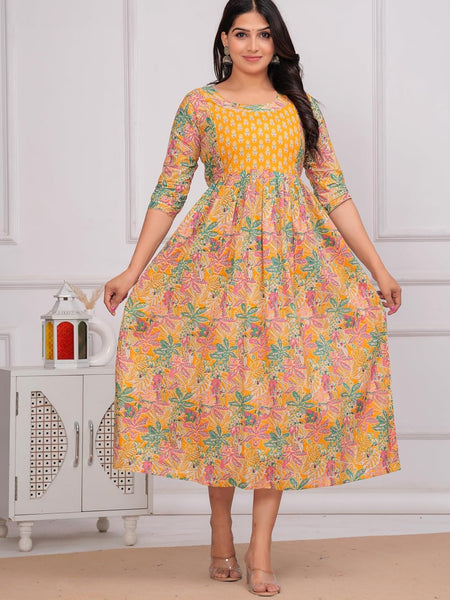 YELLOW - Women's Stylish Pure Cotton Printed Kurti Gown – Comfortable and Elegant Maternity & Feeding Dress for Women