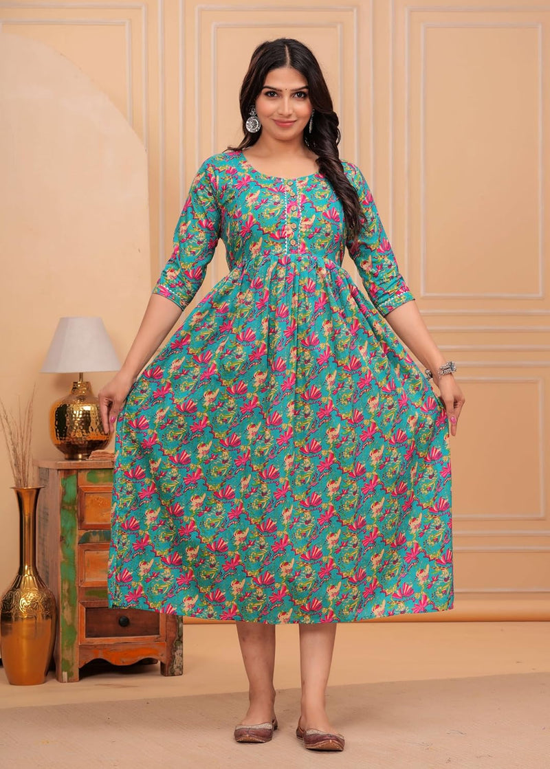Green Blue Floral - JAIPURFAME Maternity Feeding Kurti with Zipper | Cotton Floral Printed Pregnancy & Nursing Dress | Comfortable & Stylish Maternity Wear for Women | Breastfeeding Kurta with Zipper | Soft & Elegant