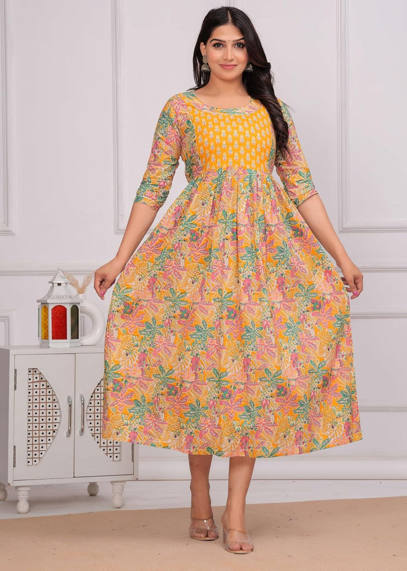 Yellow Green Floral - Maternity Feeding Kurti with Zipper | Cotton Floral Printed Pregnancy & Nursing Dress | Comfortable Maternity Wear for Women | Breastfeeding Kurta Set with Zip | Stylish & Soft