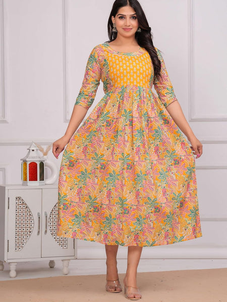 Yellow Green Floral - Maternity Feeding Kurti with Zipper | Cotton Floral Printed Pregnancy & Nursing Dress | Comfortable Maternity Wear for Women | Breastfeeding Kurta Set with Zip | Stylish & Soft