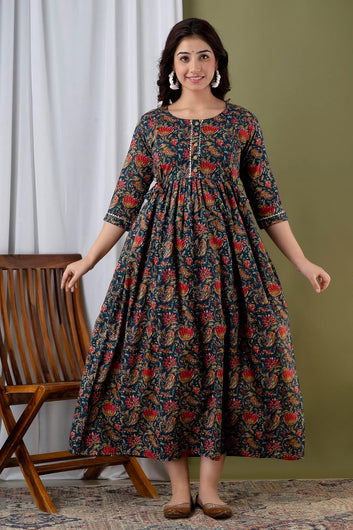 Nevy Blue - Maternity Feeding Kurti with Zipper | Cotton Floral Printed Pregnancy & Nursing Dress | Comfortable & Stylish Maternity Wear for Women | Breastfeeding Kurta with Zipper | Soft & Elegant