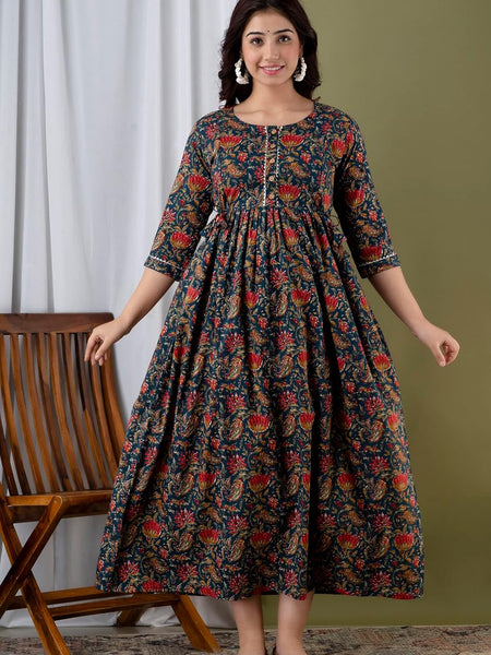 Nevy Blue - JAIPURFAME Maternity Feeding Kurti with Zipper | Floral Handblock Printed Cotton Maternity & Nursing Maxi Dress