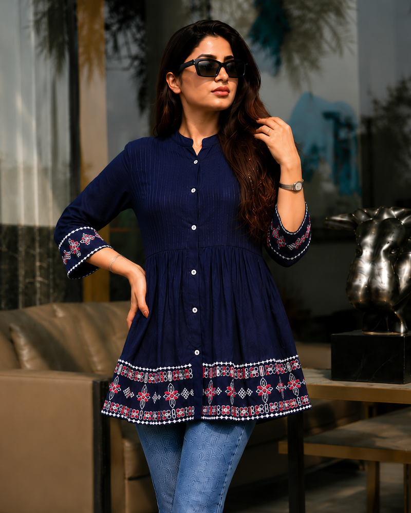 Elegant Blue Rayon Embroidered Top