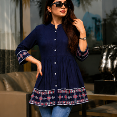 Elegant Blue Rayon Embroidered Top