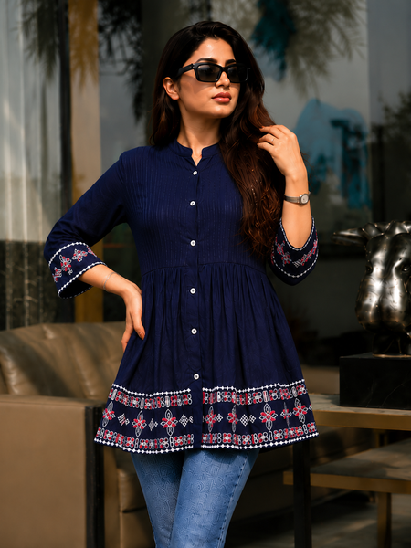 Elegant Blue Rayon Embroidered Top