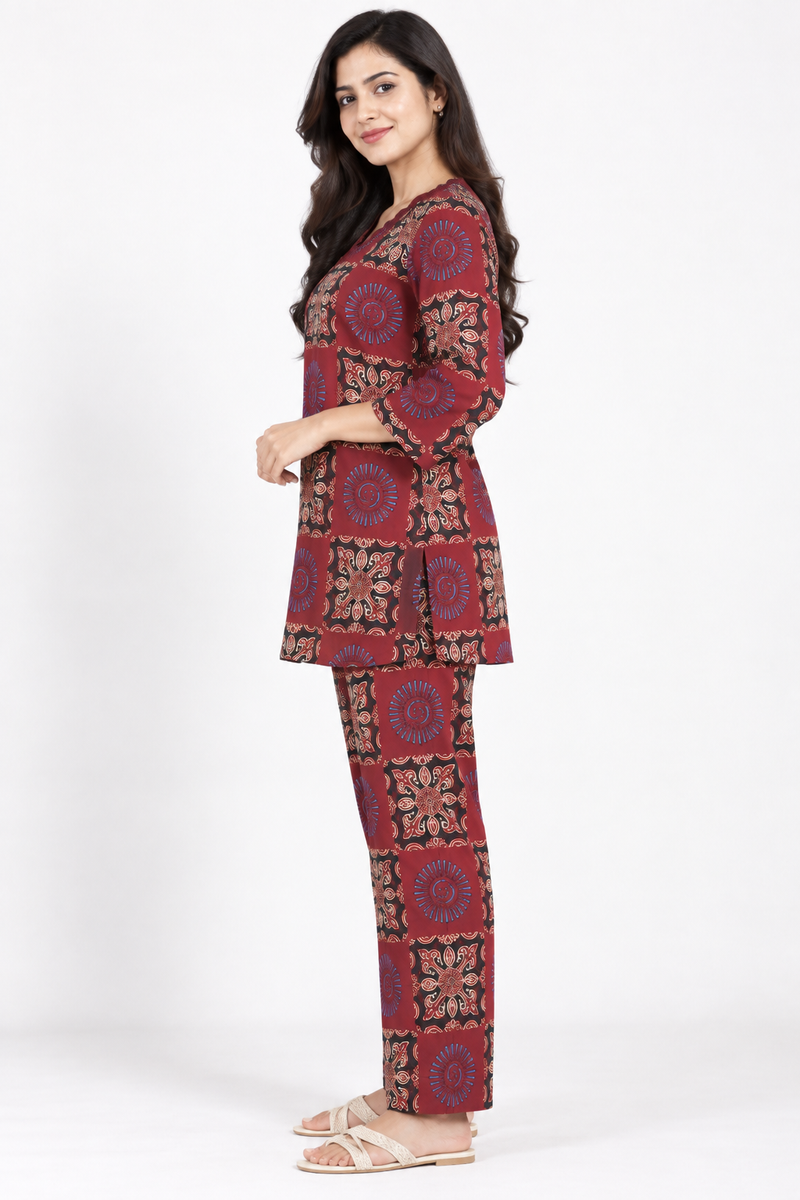 Maroon Ajrakh Print Patchwork Co-ord Set