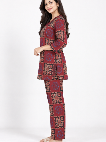 Maroon Ajrakh Print Patchwork Co-ord Set