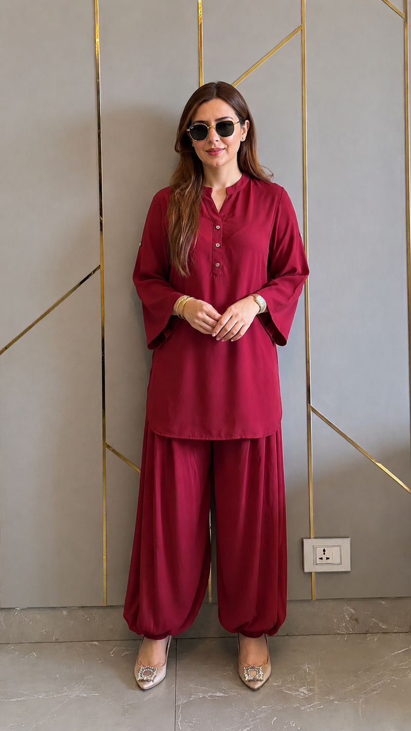Maroon Royal Ivy Balloon Sleeve Co-ord Set