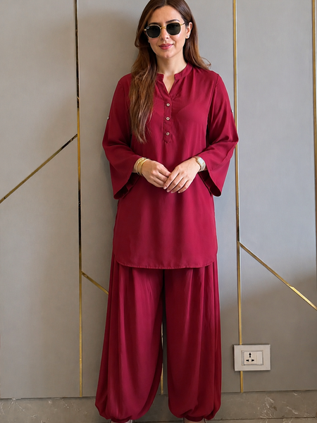 Maroon Royal Ivy Balloon Sleeve Co-ord Set