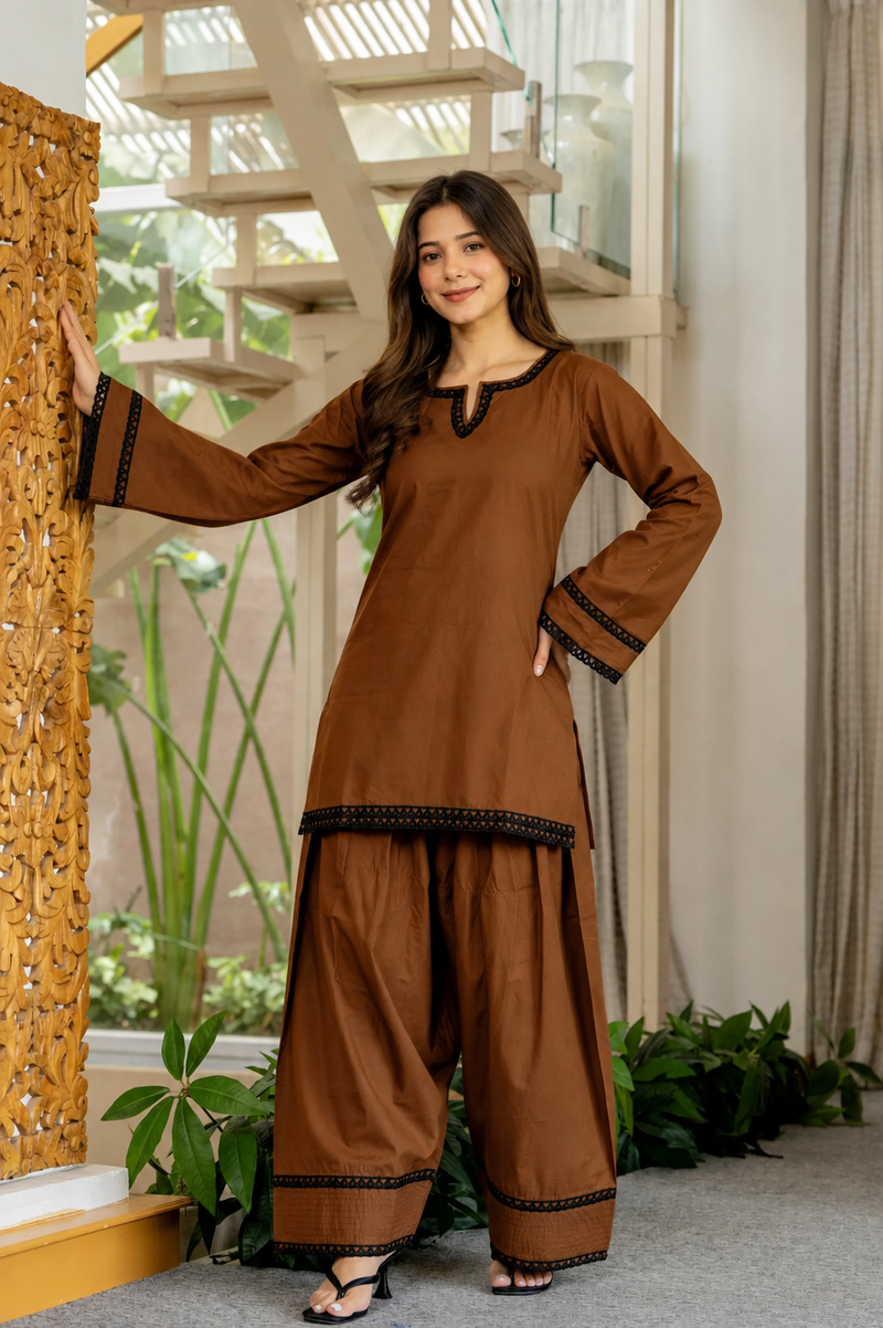Dark Brown Cotton Farshi Set