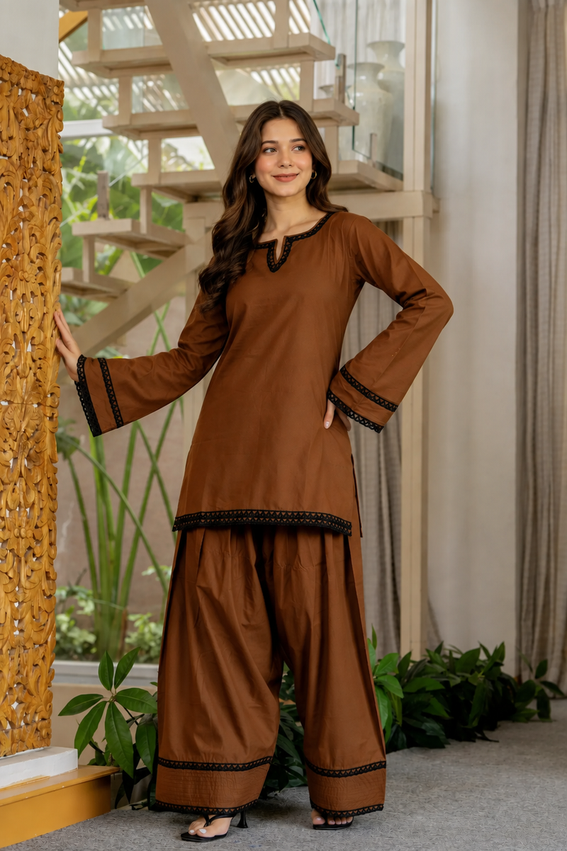 Dark Brown Cotton Farshi Set
