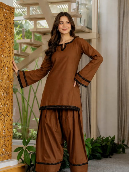 Dark Brown Cotton Farshi Set