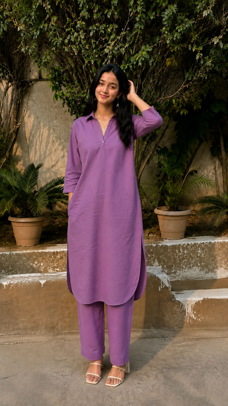 Solid Purple Cotton Kurta Pant Set