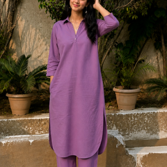 Solid Purple Cotton Kurta Pant Set