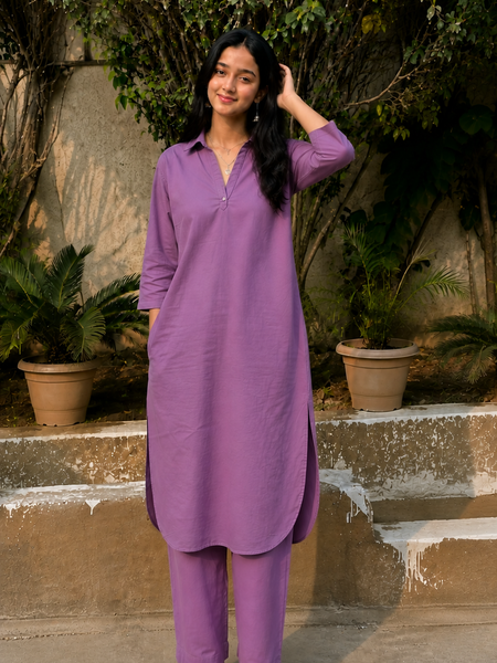 Solid Purple Cotton Kurta Pant Set