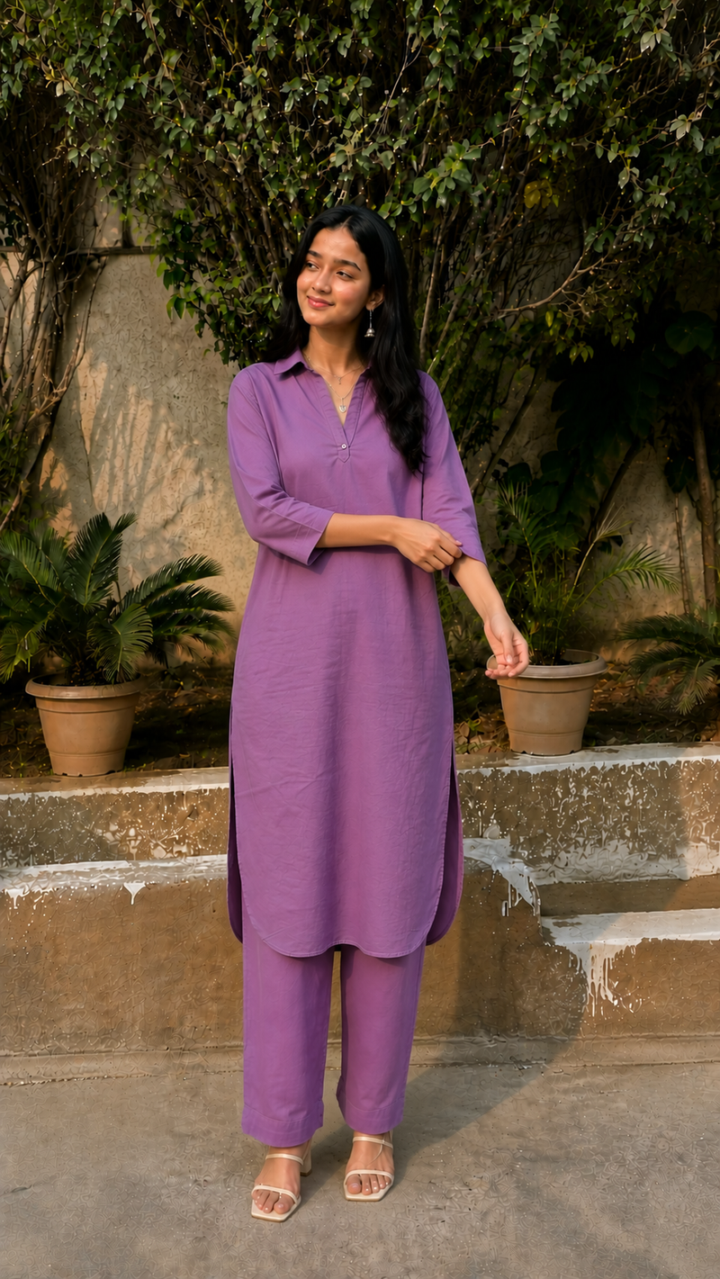 Solid Purple Cotton Kurta Pant Set