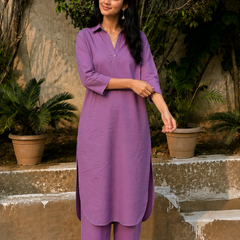Solid Purple Cotton Kurta Pant Set