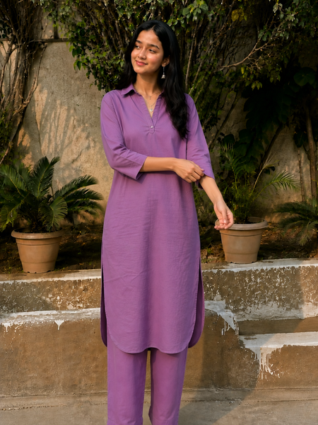 Solid Purple Cotton Kurta Pant Set