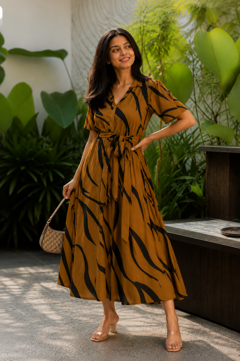 Stylish American Print Rayon Midi Dress