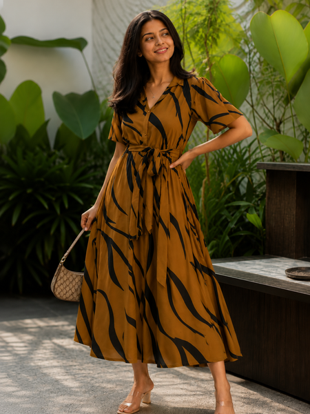 Stylish American Print Rayon Midi Dress