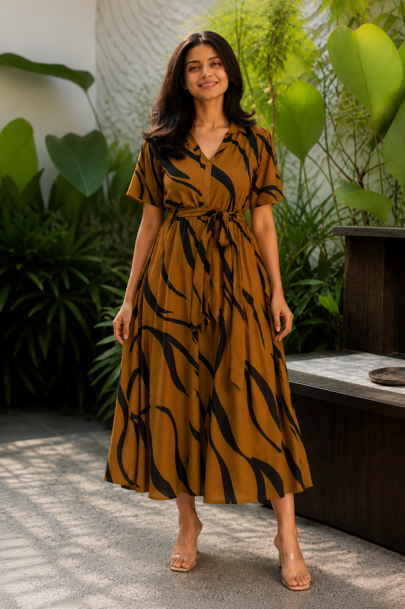 Stylish American Print Rayon Midi Dress