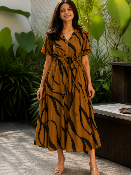 Stylish American Print Rayon Midi Dress