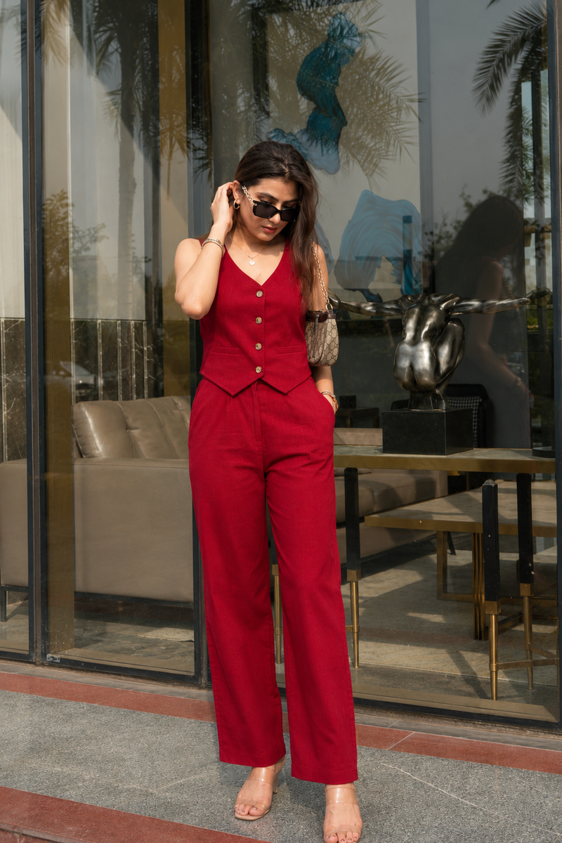 Bold Red Cotton Flex Sleeveless Co-Ord Set