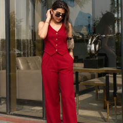 Bold Red Cotton Flex Sleeveless Co-Ord Set