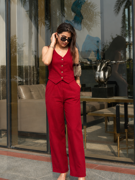 Bold Red Cotton Flex Sleeveless Co-Ord Set