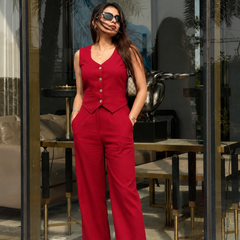 Bold Red Cotton Flex Sleeveless Co-Ord Set