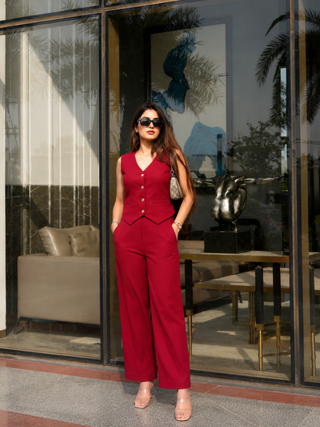 Bold Red Cotton Flex Sleeveless Co-Ord Set